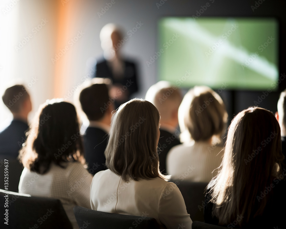Fototapeta premium Blurred image of businesspeople sitting, watching presentation on screen, showcasing audience engagement and corporate event, ideal for conference or seminar promotion