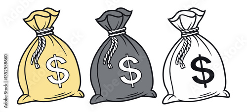 an illustration of three classic money bags arranged horizontally