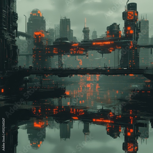 A futuristic cityscape reflects in the water under a cloudy sky
