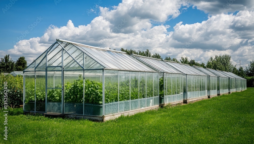 Long glass greenhouse building filled with vibrant growing plants outdoors Long glass greenhouse building filled with vibrant growing plants outdoors