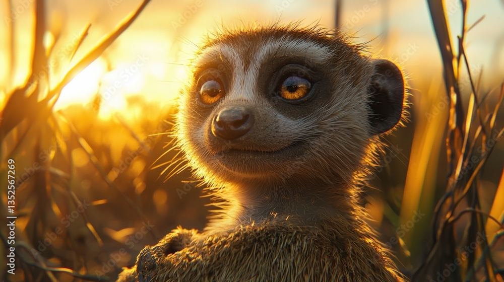 Fototapeta premium a meerkat looking at the camera with a sunset in the background