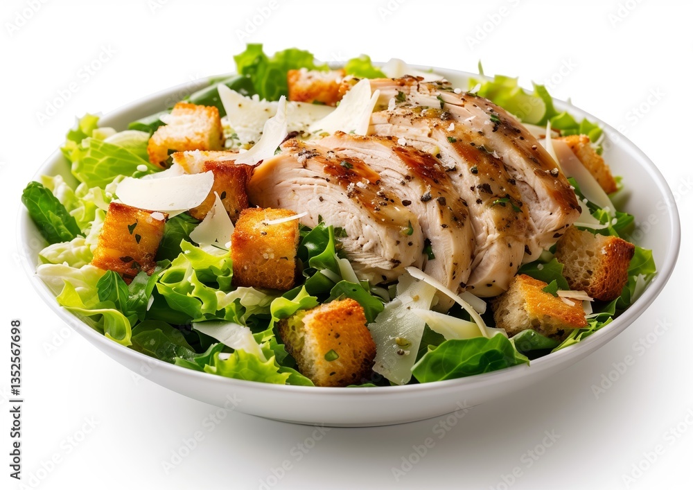 Caesar salad with grilled chicken, croutons, and parmesan in a white bowl. Caesar salad with grilled chicken, croutons, and parmesan in a white bowl.