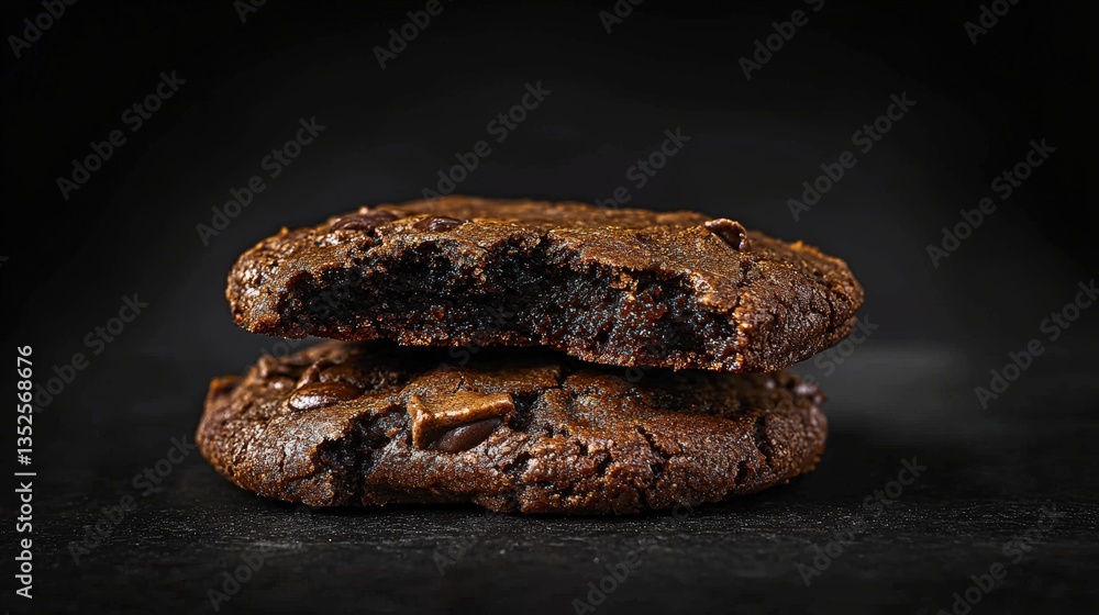two chocolate cookies on a dark background two chocolate cookies on a dark background