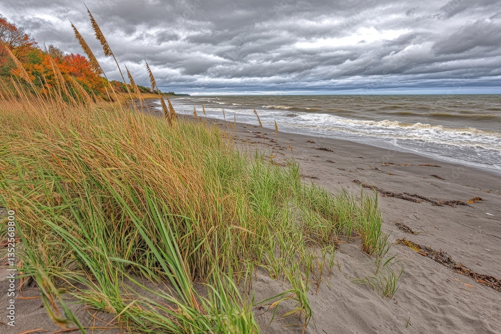 Autumnal beach scene with tall grasses, grey sand, and a stormy sea