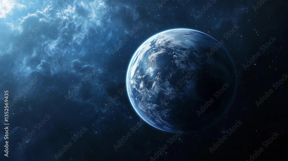 Fototapeta premium A blue planet in space with a lot of stars. The planet is the center of the image