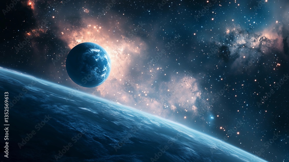 Fototapeta premium A blue planet with a large moon in the sky. The sky is filled with stars and the planet is surrounded by a cloud of gas