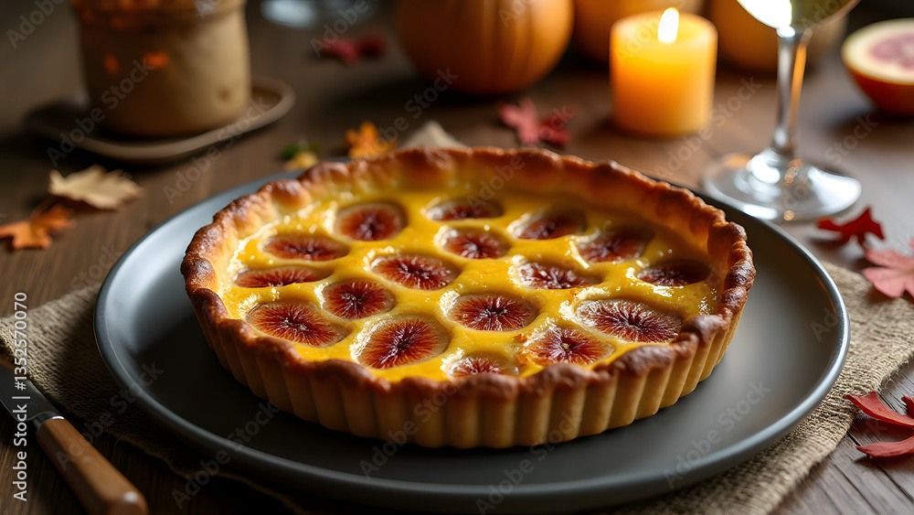 Fig and honey tart, set in an elegant autumn scene with candlelight and earthy tones. Fig and honey tart, set in an elegant autumn scene with candlelight and earthy tones.