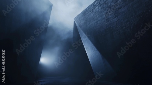 A dark, foggy tunnel with a light shining through it. The light is the only source of illumination in the tunnel