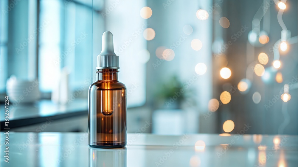 Naklejka premium Essential oil bottle on a table with a blurred bokeh background 