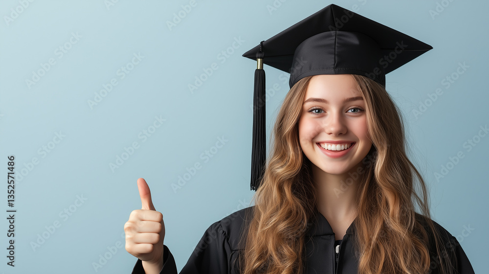 Young pretty woman in graduation gown giving a thumbs up, celebrating her achievement.