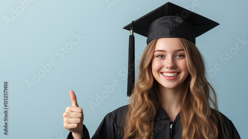 Obraz na płótnie Young pretty woman in graduation gown giving a thumbs up, celebrating her achievement. w salonie