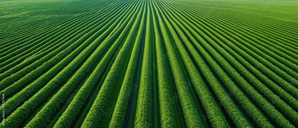 Fototapeta premium Expansive Green Agricultural Field with Neat Rows of Growing Crops Under Bright Clear Sky