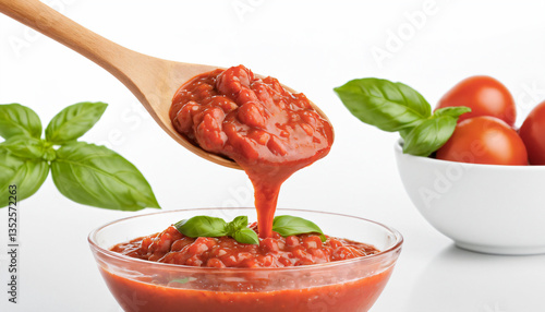 Wallpaper Mural Glass bowl full of tomato basil sauce for various food recipes on a white background.  Torontodigital.ca
