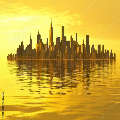 A golden city skyline reflecting on the rippling surface of water