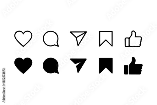 Set of generic social media user interface icons. Like, comment, share, and save icons. Social media flat icons. Vector, flat outline icon isolated on white.