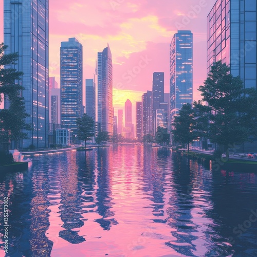 Skyscrapers and buildings are reflected on the water at sunset