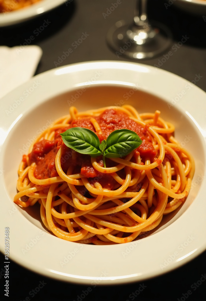 A bowl of spaghetti makarone features perfectly cooked pasta enveloped in rich tomato sauce, garnished with fresh basil leaves, set against a sophisticated dining backdrop Generative AI