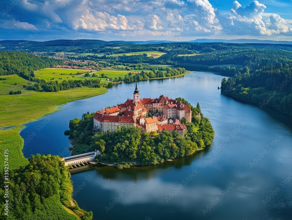 Obraz premium A picturesque island castle surrounded by vibrant water and greenery