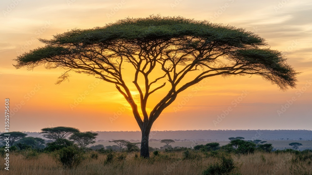 Majestic Silhouette of an Acacia Tree at Sunset in African Landscape Majestic Silhouette of an Acacia Tree at Sunset in African Landscape
