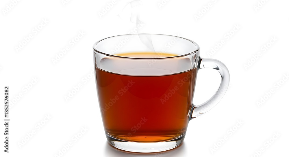 Clear Glass Cup of Brewed Black Tea with Steam on White Background Clear Glass Cup of Brewed Black Tea with Steam on White Background