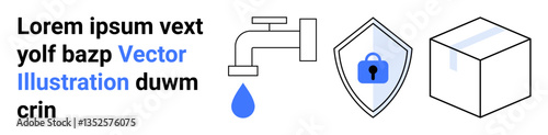 Faucet leaking drop, shield with lock, and box for security, privacy, resource management, delivery, cybersecurity, conservation ecommerce. Ideal for technology logistics ESG digital marketing