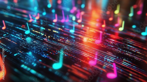 AI generator image of futuristic looking Computer Picture from the front, with many colorful music notes