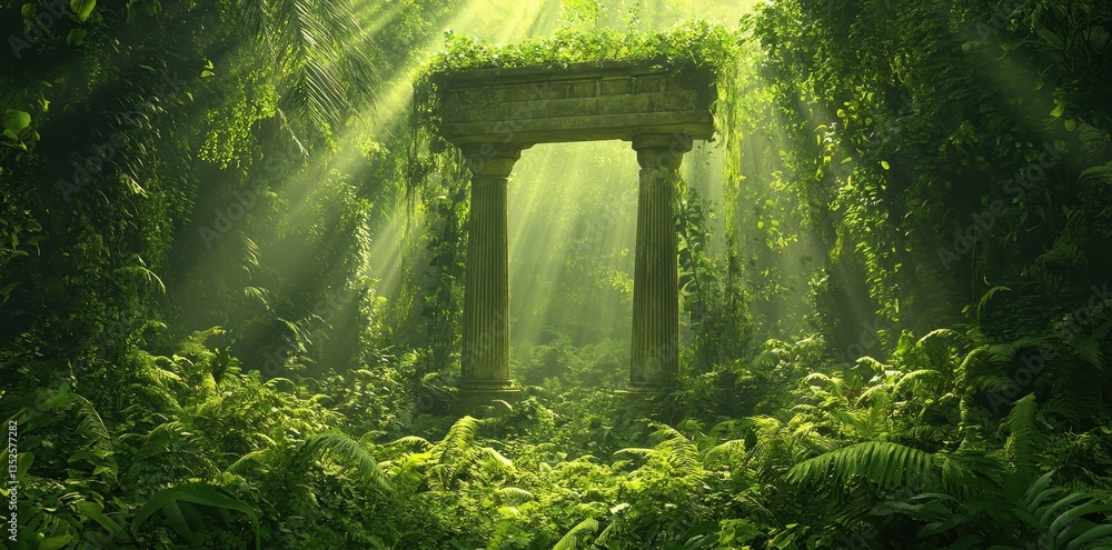 Obraz premium An ancient architectural structure found in a lush overgrown jungle scene