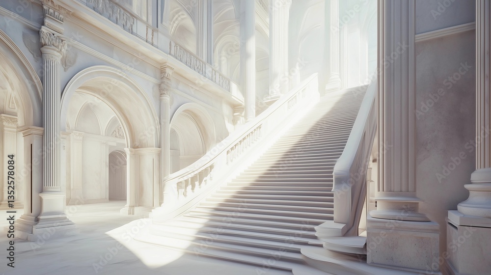 A white building with a staircase leading up to it. The staircase is very long and narrow. The building is empty and the staircase is the only thing visible A white building with a staircase leading up to it. The staircase is very long and narrow. The building is empty and the staircase is the only thing visible