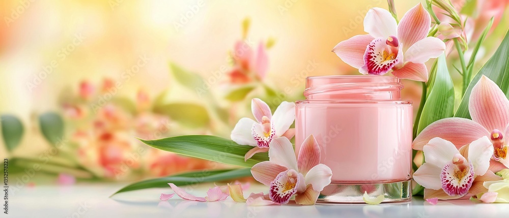 AI generator image of glass jar of botanical skincare cream placed among exotic flowers like orchids and jasmine. Warm golden hour lighting with natural sun flares. Vibrant colors AI generator image of glass jar of botanical skincare cream placed among exotic flowers like orchids and jasmine. Warm golden hour lighting with natural sun flares. Vibrant colors