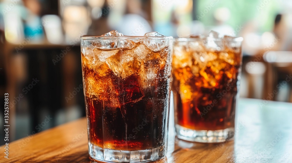 Two glasses of soda on a table. One glass is half full and the other is half empty Two glasses of soda on a table. One glass is half full and the other is half empty