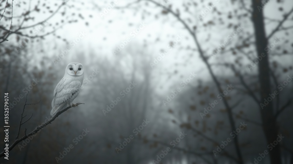 Fototapeta premium A beautiful barn owl sitting on a branch in a misty forest.