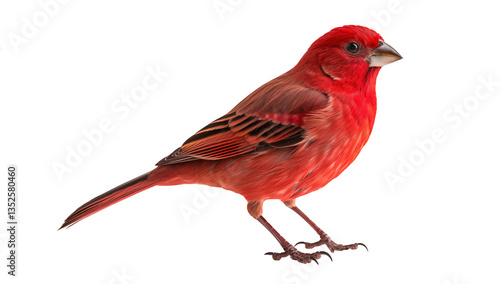 Red bird with striking black markings on wings and tail, small pointed beak, standing on white background, facing right, sleek feather texture.
