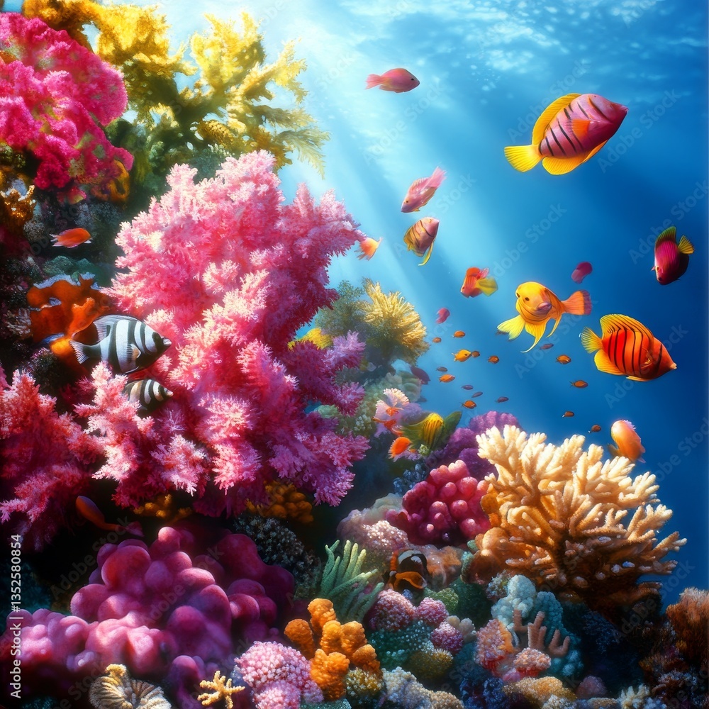 Obraz premium Vibrant Fiji Reef Seascape - Underwater paradise, colorful coral reef, diverse marine life, tropical fish, ocean beauty. Symbolizes serenity, abundance, vibrant life, underwater wonder