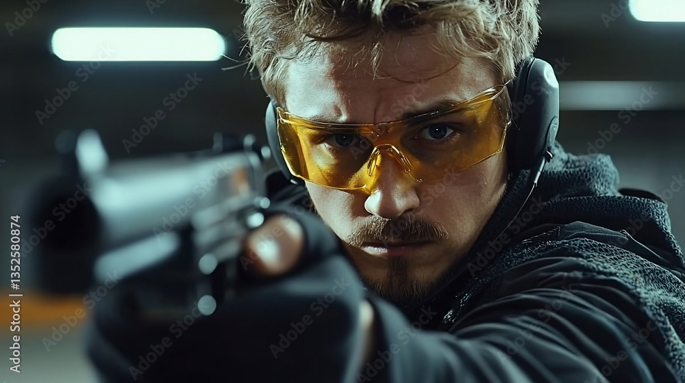 Focused man aiming handgun at indoor shooting range.