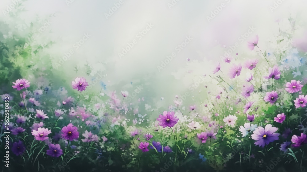 Obraz premium A vibrant field of purple and pink flowers in a soft, dreamy background.