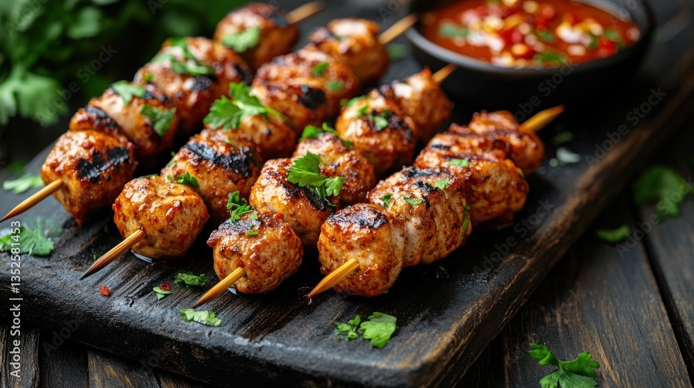 Delicious grilled chicken skewers with spicy sauce. Juicy, flavorful, and perfectly grilled chicken bites on skewers, garnished with fresh herbs, accompanied by a vibrant chili sauce Delicious grilled chicken skewers with spicy sauce. Juicy, flavorful, and perfectly grilled chicken bites on skewers, garnished with fresh herbs, accompanied by a vibrant chili sauce