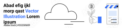 Cloud graphic with a plant leaf growing from a badge and storefront design. Ideal for sustainability, business branding, e-commerce, green initiatives, technology, startups, simple landing page