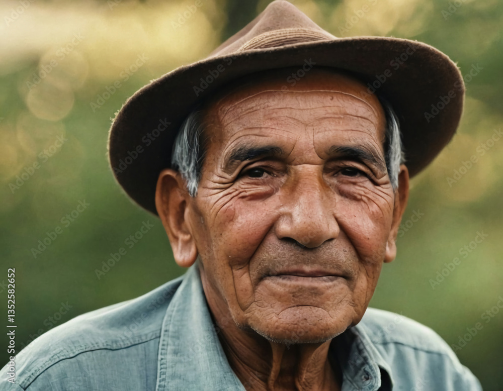 An elderly man from Peru smiles softly, showcasing deep lines of life and experience. Dressed simply, he embodies wisdom and tranquility amid the natural beauty surrounding him Generative AI An elderly man from Peru smiles softly, showcasing deep lines of life and experience. Dressed simply, he embodies wisdom and tranquility amid the natural beauty surrounding him Generative AI