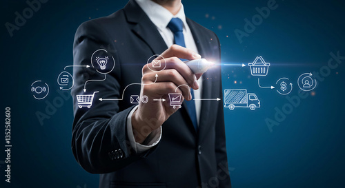 Businessman Planning E commerce Strategy Online Shopping Workflow Delivery Process and Sales Growth