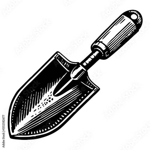 black line art drawing of a garden trowel, perfect for gardening and cultivating plants, vector illustration