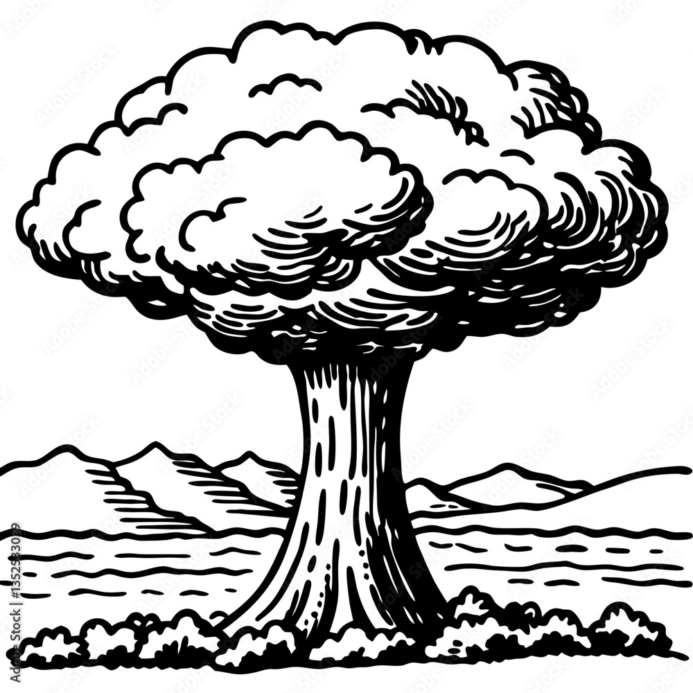 Fototapeta premium a hand-drawn vector illustration of a large mushroom cloud with a detailed, intricate design, set against a backdrop of mountains