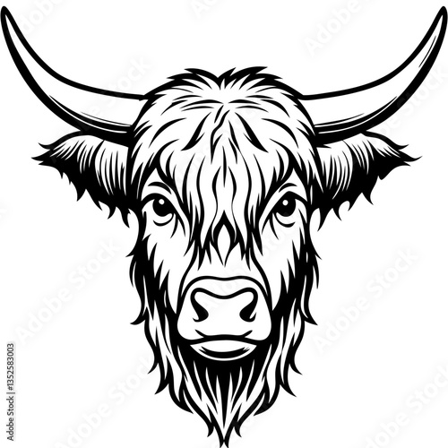 the monochrome portrait of a highland cow head, with its impressive horns and long, shaggy fur vector illustration