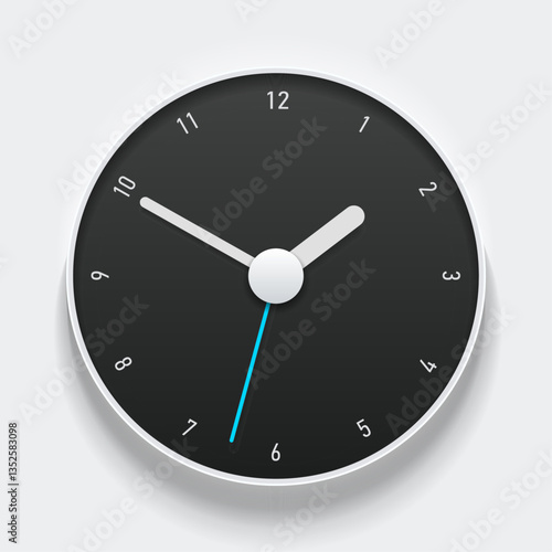 Creative black clock in realistic flat style, with color arrow and numbers. Watch on white background. Business time. Vector design element for you project