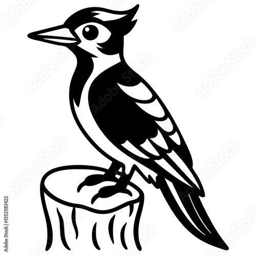 a woodpecker sitting on a tree stump, a black and white drawing. The bird has a sharp beak and distinctive markings vector illustration