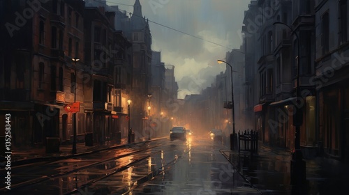 A photo of an atmospheric urban landscape oil painting