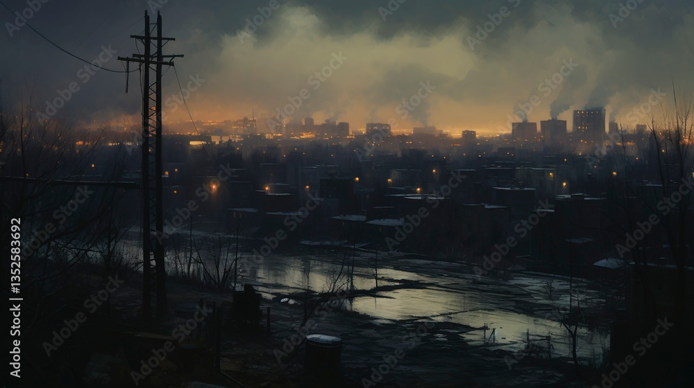 Fototapeta premium A photo of an atmospheric urban landscape oil painting