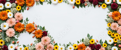 Wallpaper Mural floral frame with dahlias, gerberas, and chrysanthemums, colorful flower arrangement on white, botanical border with seasonal blooms, decorative floral layout with copy space Torontodigital.ca