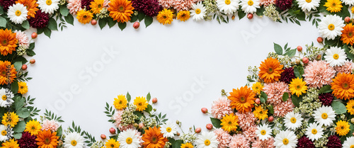 Wallpaper Mural floral frame with dahlias, gerberas, and chrysanthemums, colorful flower arrangement on white, botanical border with seasonal blooms, decorative floral layout with copy space Torontodigital.ca