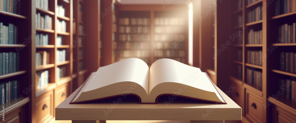 Fototapeta premium Open book on wooden table, library background, showcasing knowledge, education, and learning, ideal for educational or literary concepts