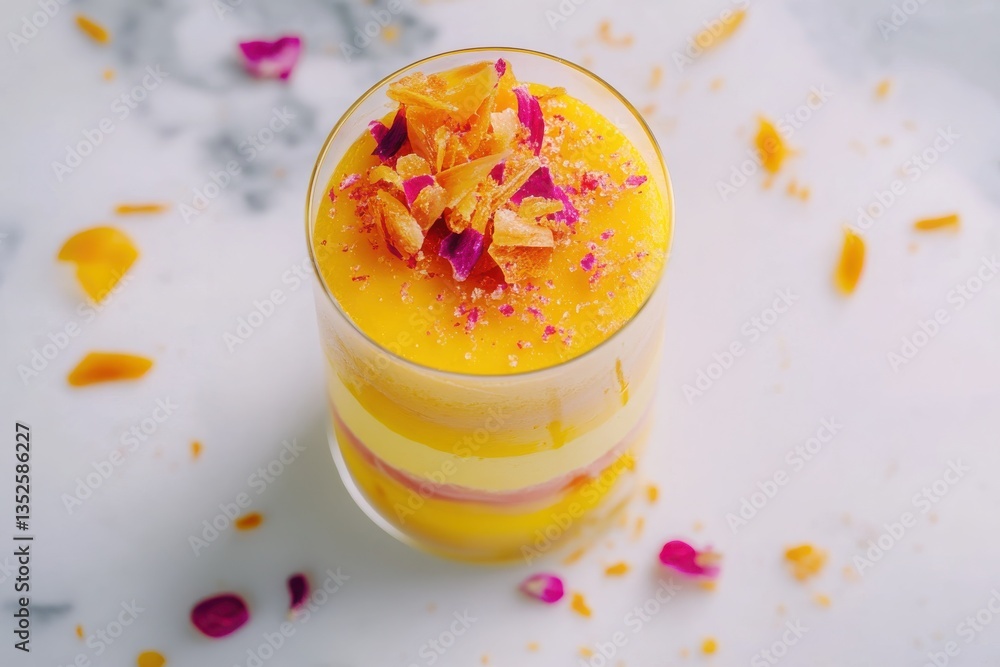 A luxurious, multi-layered mango mousse served in a sleek glass, showcasing precise alternating layers of bright orange mango puree and vibrant pink passion fruit coulis. A luxurious, multi-layered mango mousse served in a sleek glass, showcasing precise alternating layers of bright orange mango puree and vibrant pink passion fruit coulis.